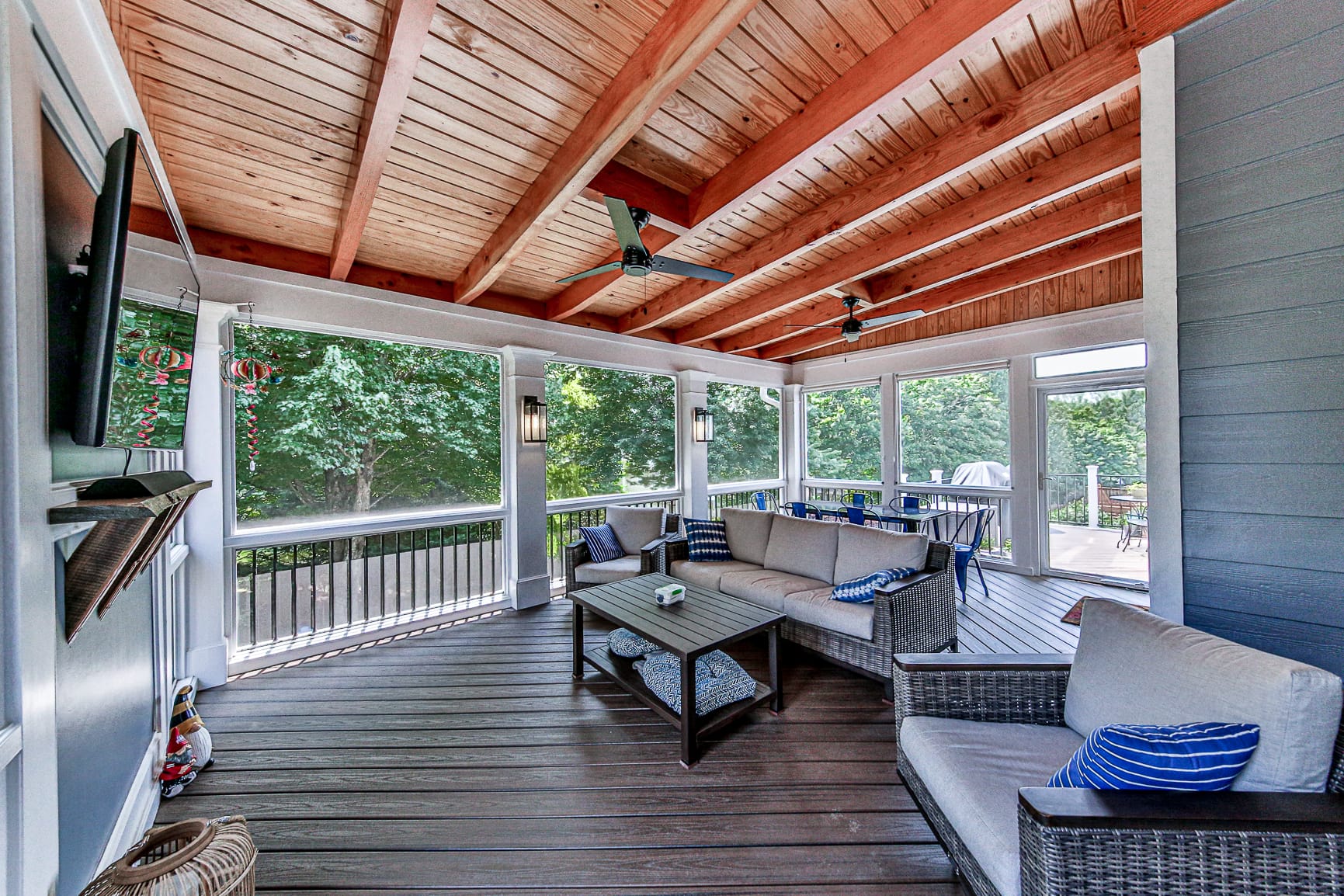 Custom screened porch with cedar rafter ceiling in North Atlanta