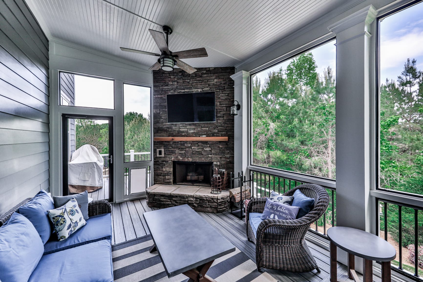 Custom fireplace on a screened porch in North Atlanta
