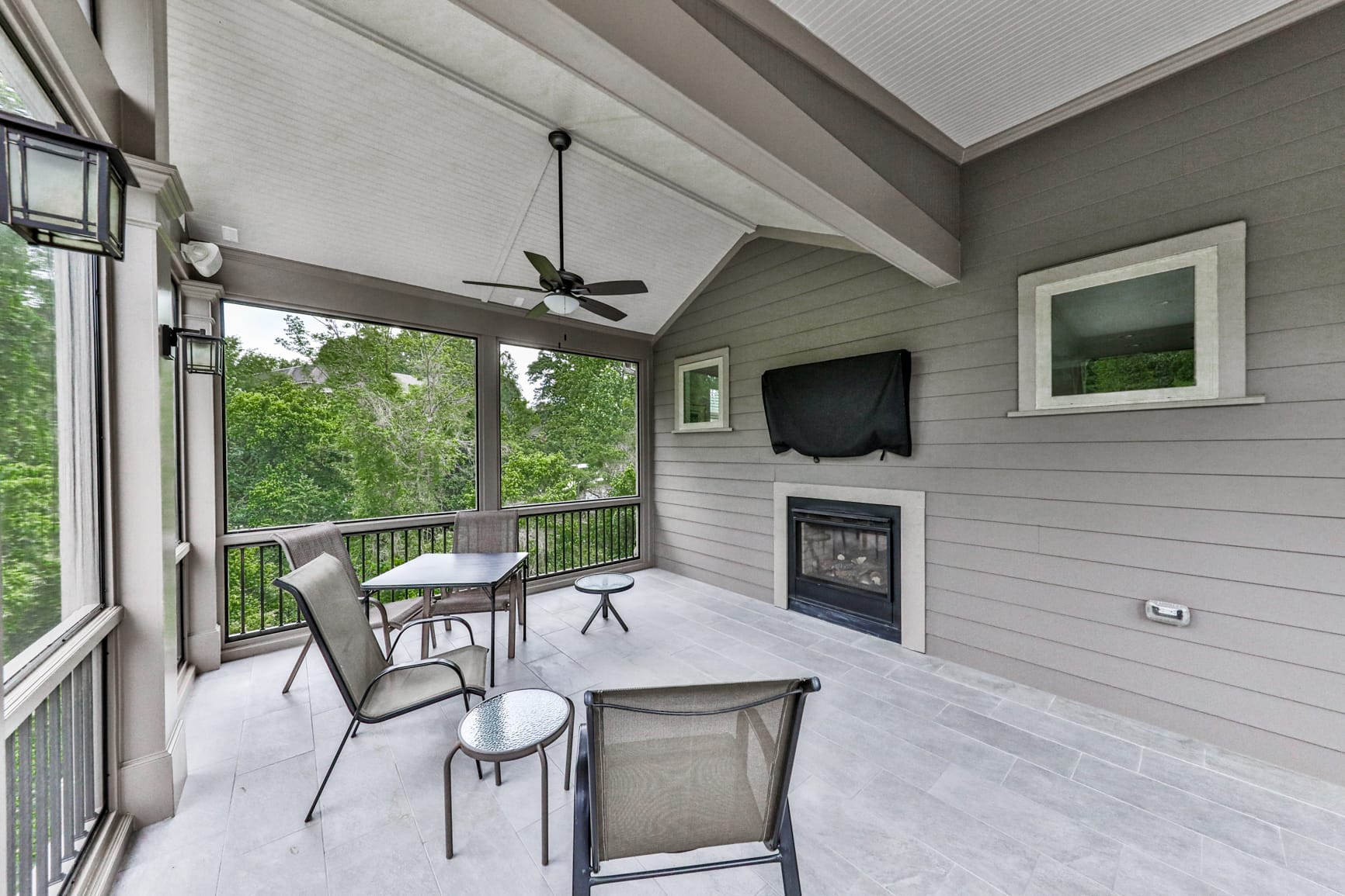 Tongue and groove porch ceiling with clean plank lines on a screened porch