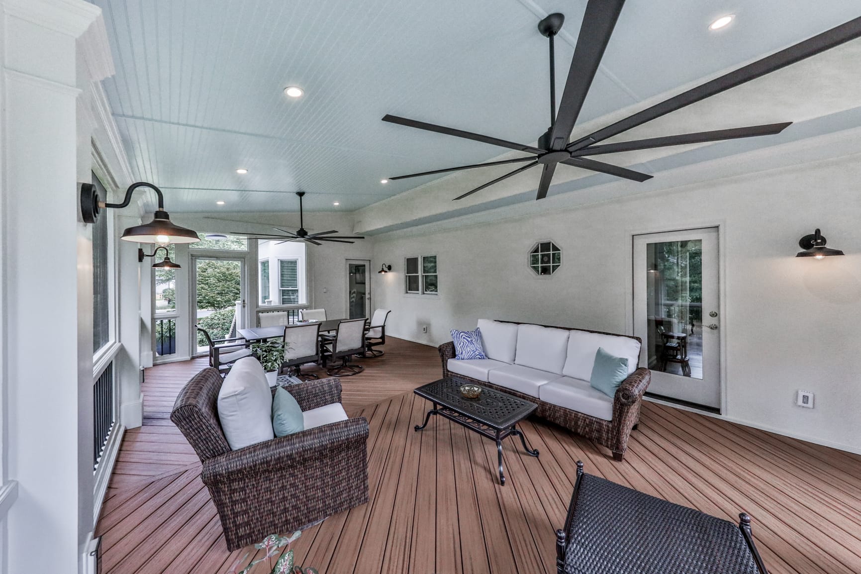 Beadboard porch ceiling panels adding texture and depth overhead