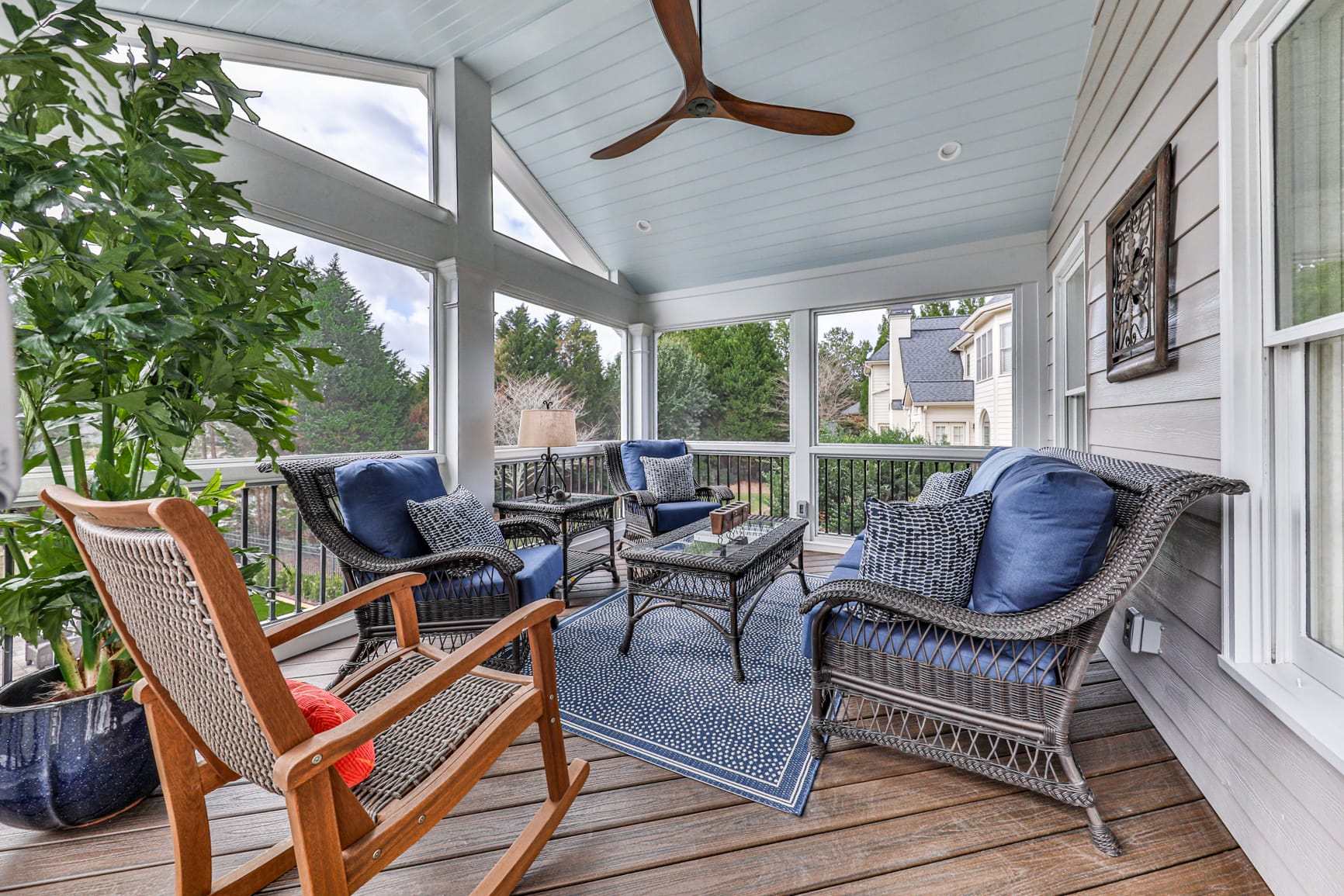 Beadboard ceiling detail on a custom screened porch