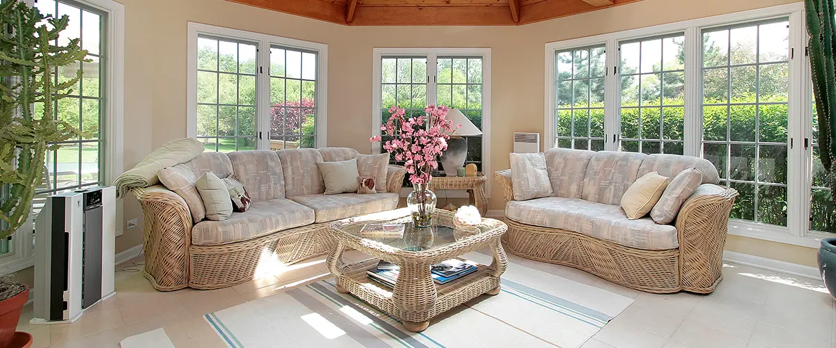 Bright sunroom addition with vaulted wood ceiling, skylights, large windows and wicker furniture