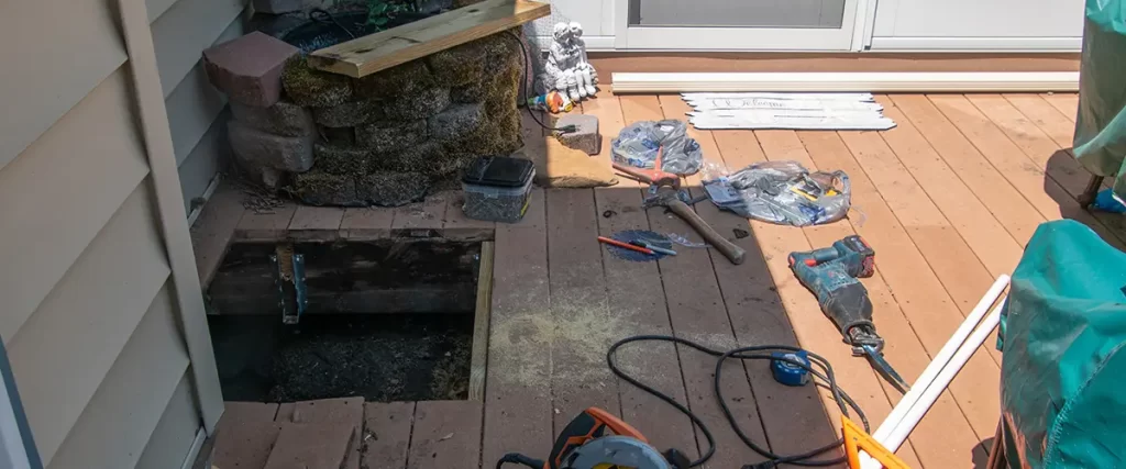 Deck repair project with damaged boards removed and construction tools ready for restoration