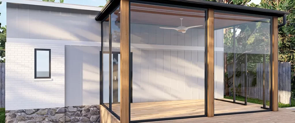 Modern screened porch addition with wood decking, large screens, and contemporary exterior design
